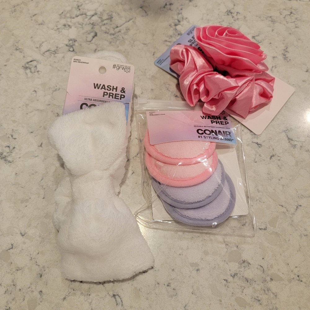 Conair Spa Day & Make-Up Routine Bundle NWT! Scrunchie Head Wrap Make Up Pads